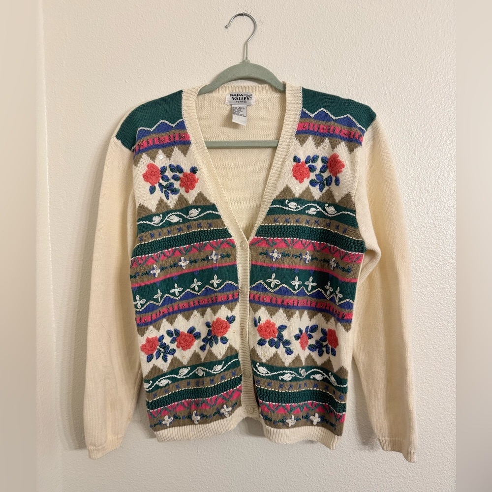 Vintage Napa Valley Petites 1990’s Flower Embroidered Cardigan